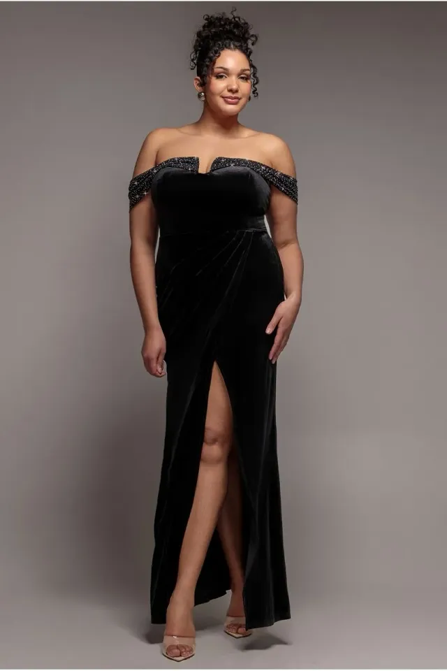 Goddiva Plus DR4484 abito maxi velluto nero diamante