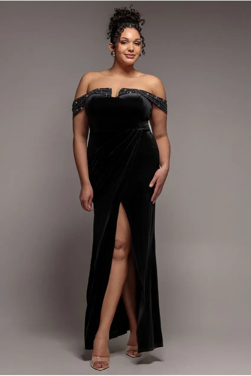 Goddiva Plus DR4484 abito maxi velluto nero diamante