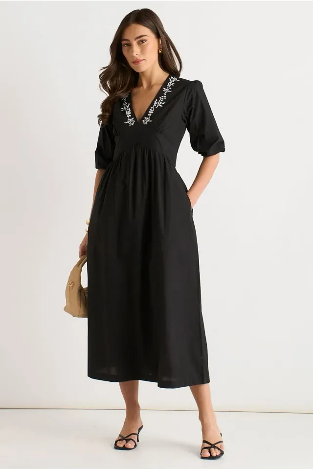 Gini London abito midi cotone ricamato nero maniche a sbuffo