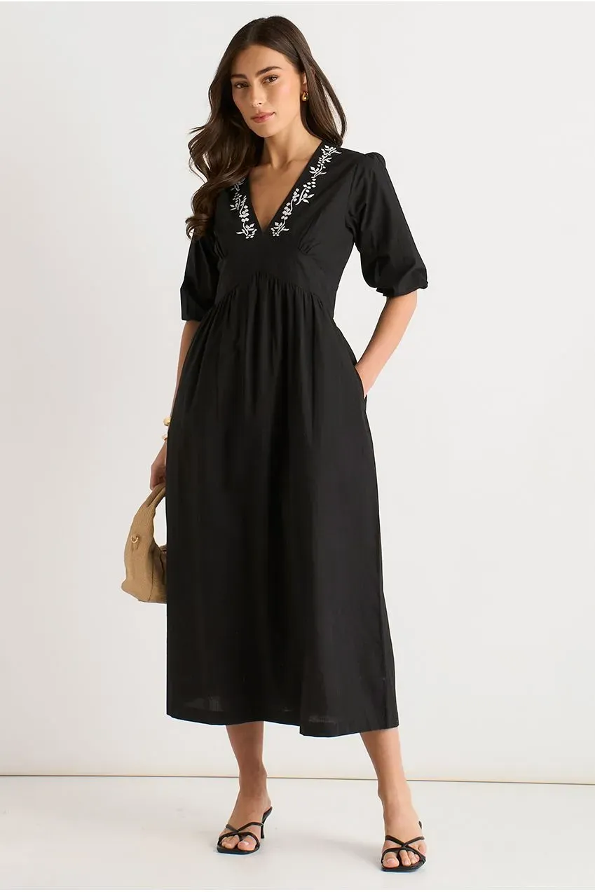 Gini London abito midi cotone ricamato nero maniche a sbuffo