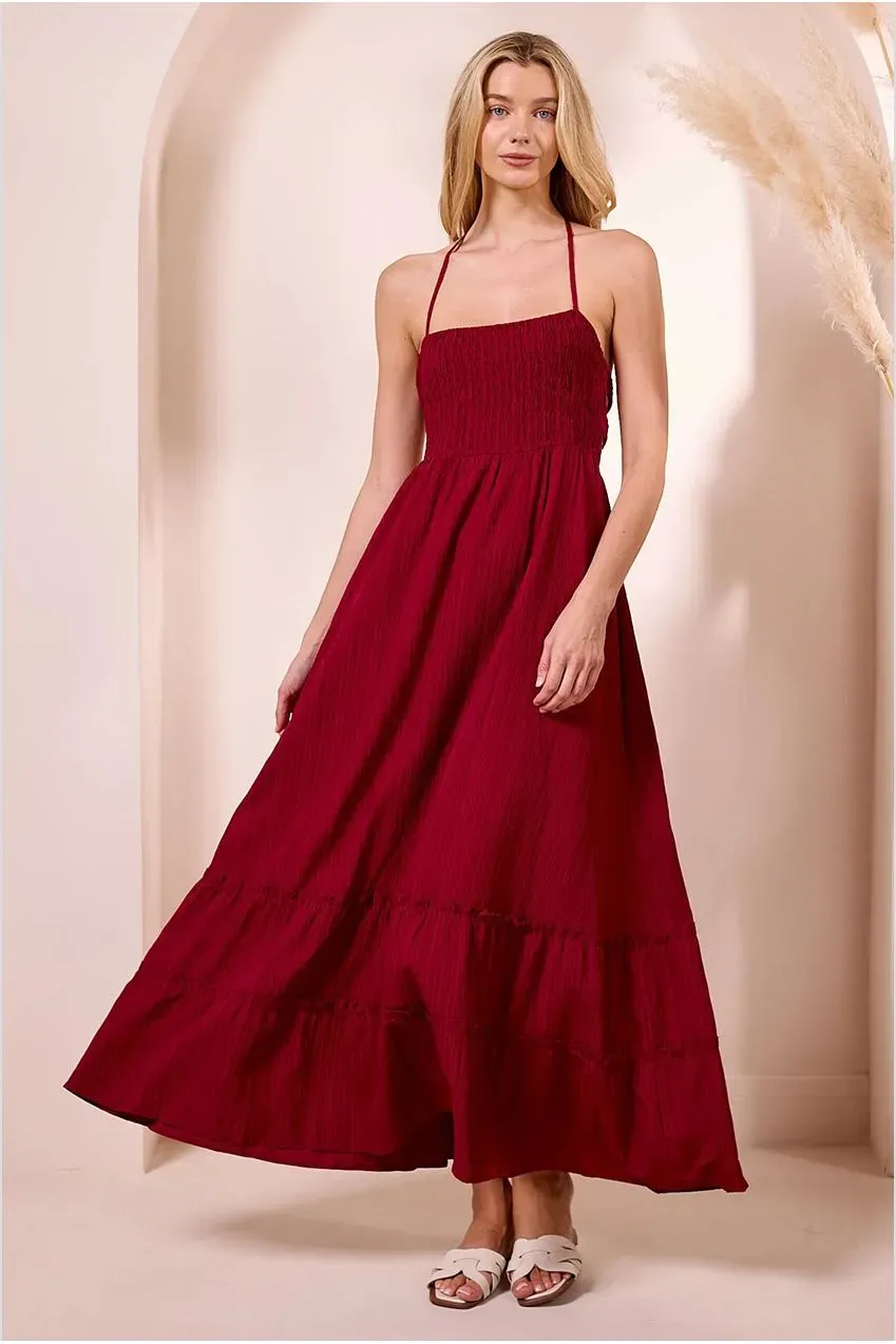 Angeleye Ruched Top abito maxi vino halter arricciato