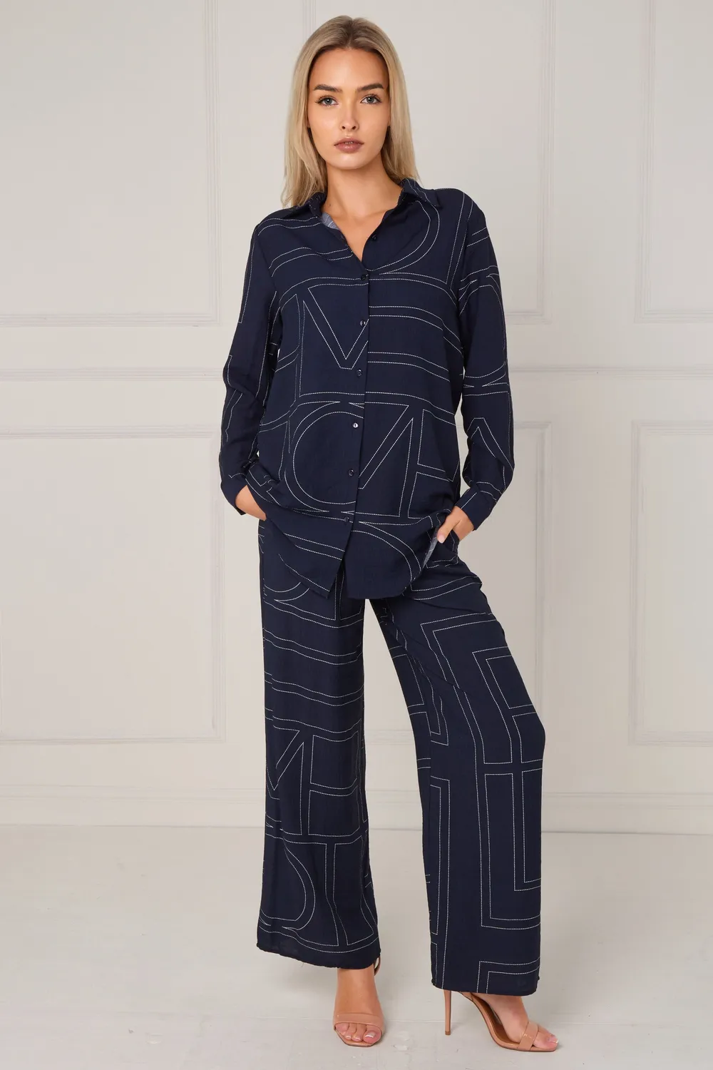 LOVE SUNSHINE Geometric coordinato blu righe pantalone