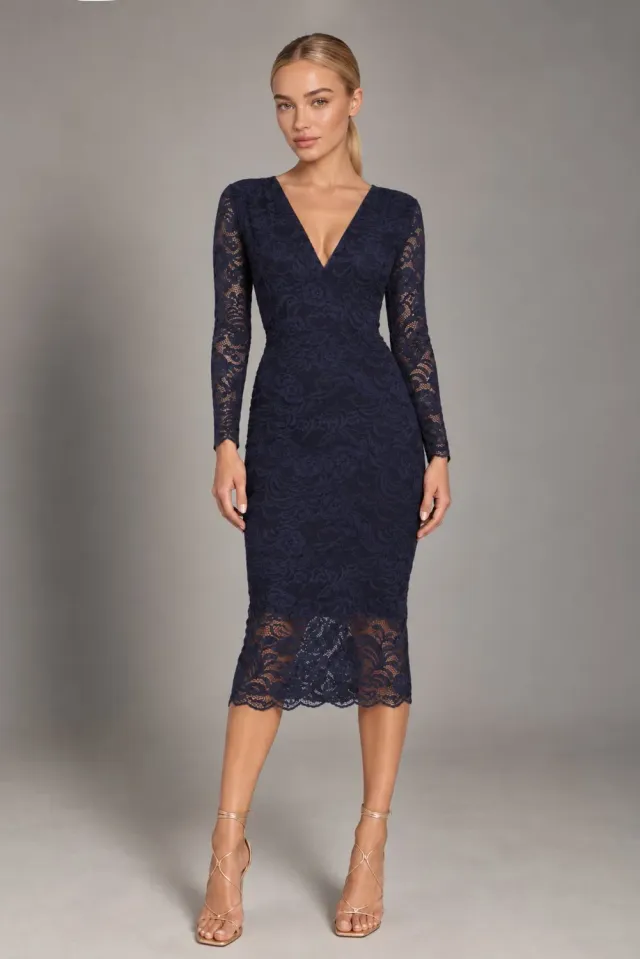 Honor Gold Lana abito midi pizzo navy maniche lunghe