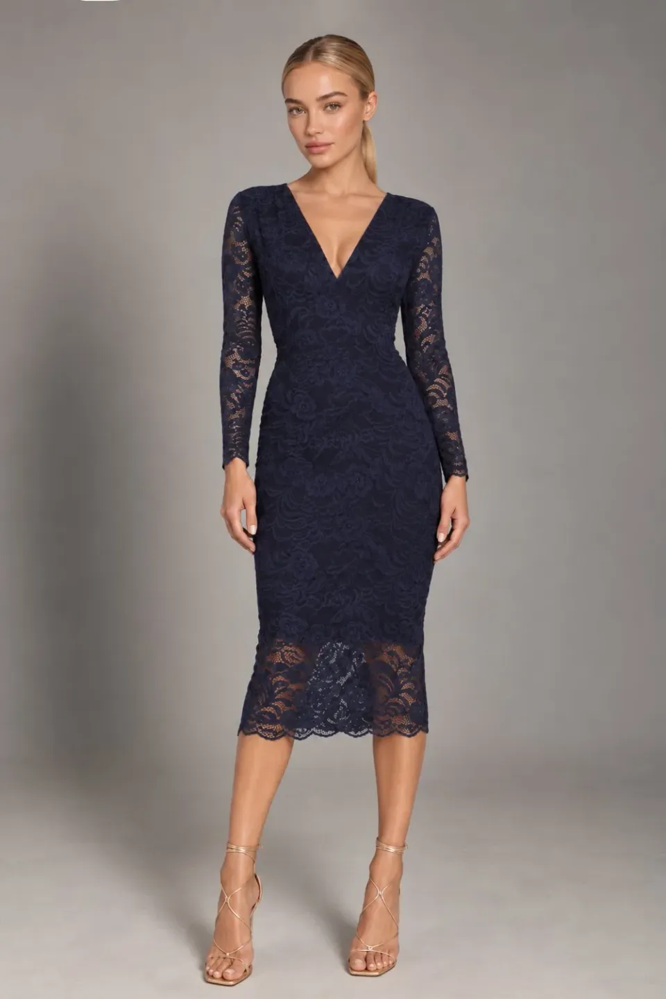 Honor Gold Lana abito midi pizzo navy maniche lunghe