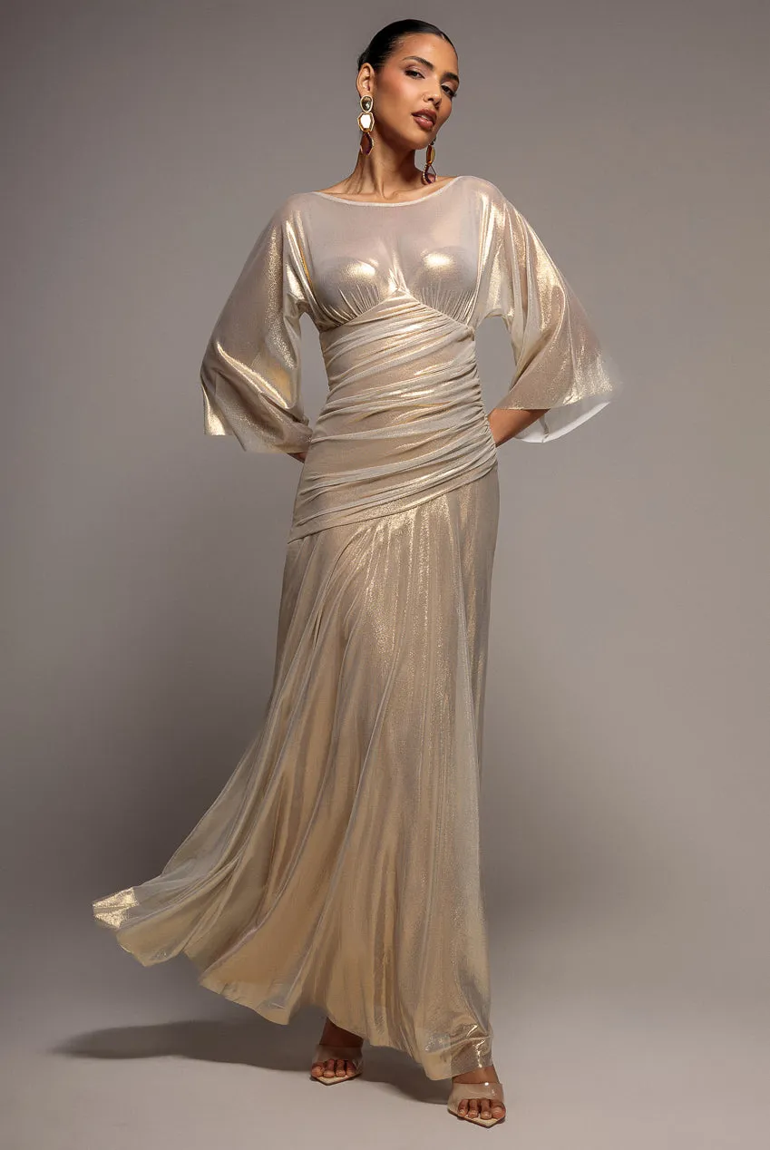 Goddiva Gravity Defying Naked Maxi abito oro corsetto