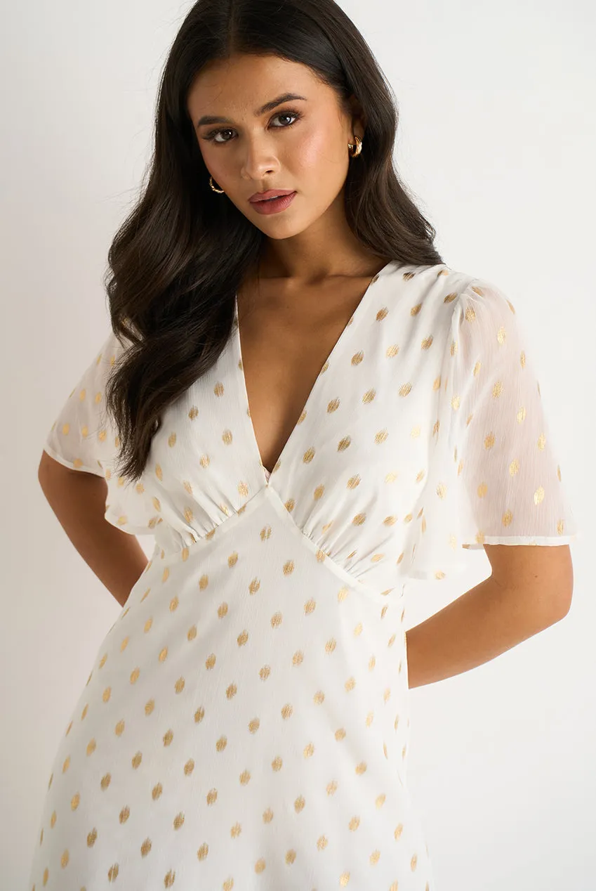 Gini London Foil Scollo V Abito Midi Bianco