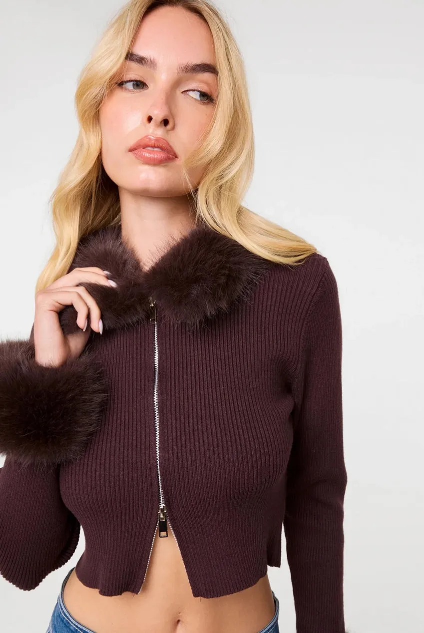 Pink Vanilla Fur Trim Zip Through cardigan cioccolato pelliccia
