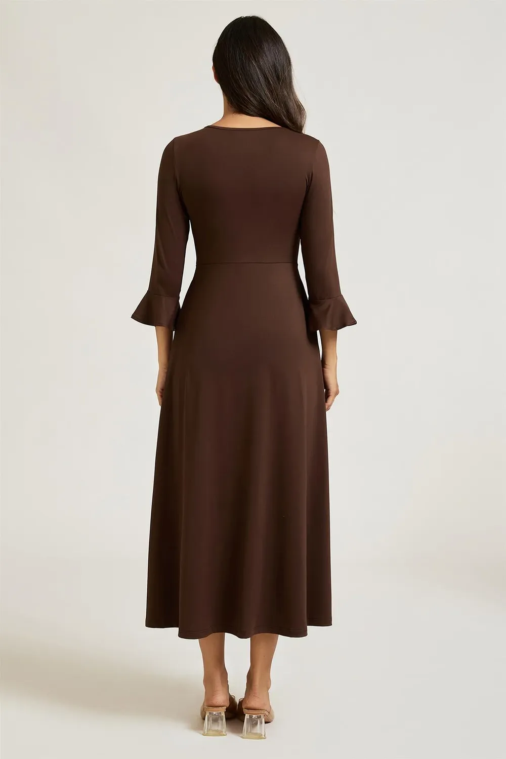 FS Collection Ruched Abito Midi Marrone Jersey Elasticizzato