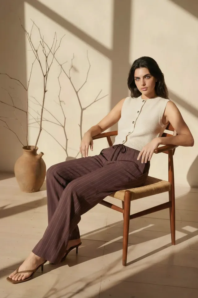 Aftershock London Pin Striped pantaloni lino cioccolato