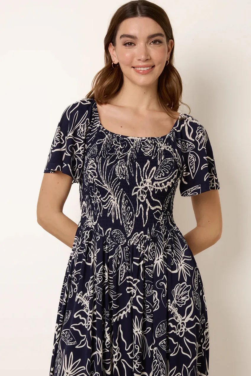 Blue Vanilla Shirred abito midi blu stampa tropicale S-L