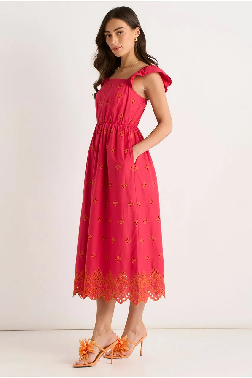 Gini London abito midi rosa sangallo maniche volant