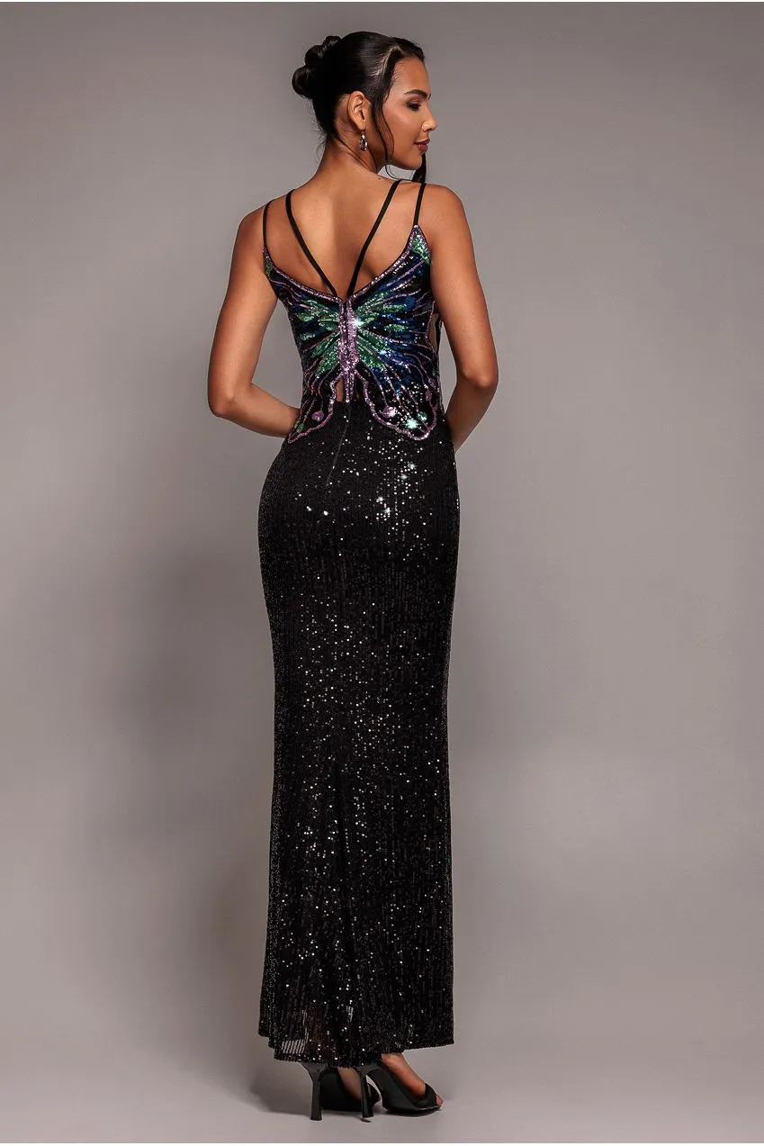 Goddiva Sequin Butterfly Front Split abito maxi nero paillettes