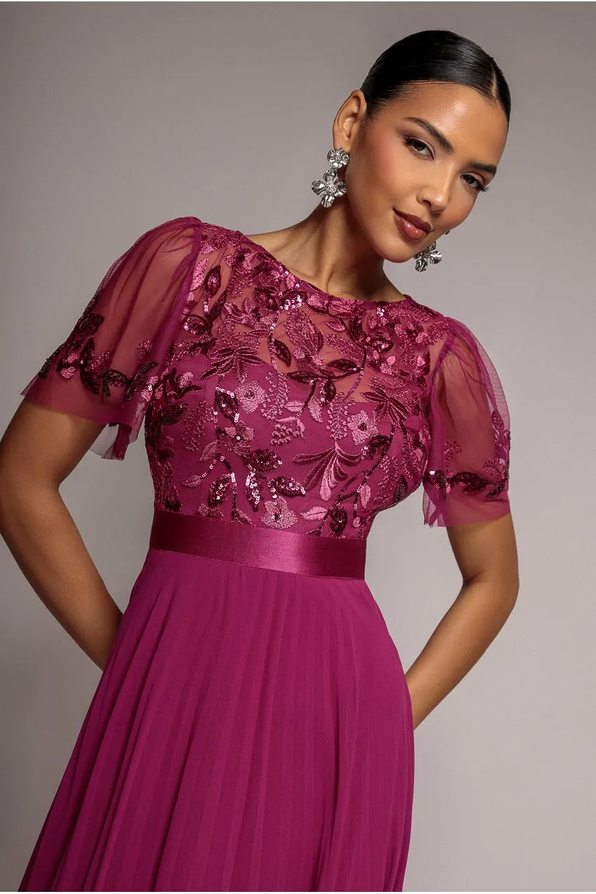 Goddiva Embroidered abito midi magenta in chiffon