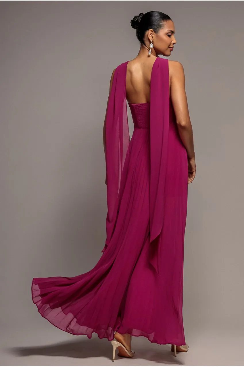 Goddiva Scarf Maxi abito magenta chiffon pieghettato