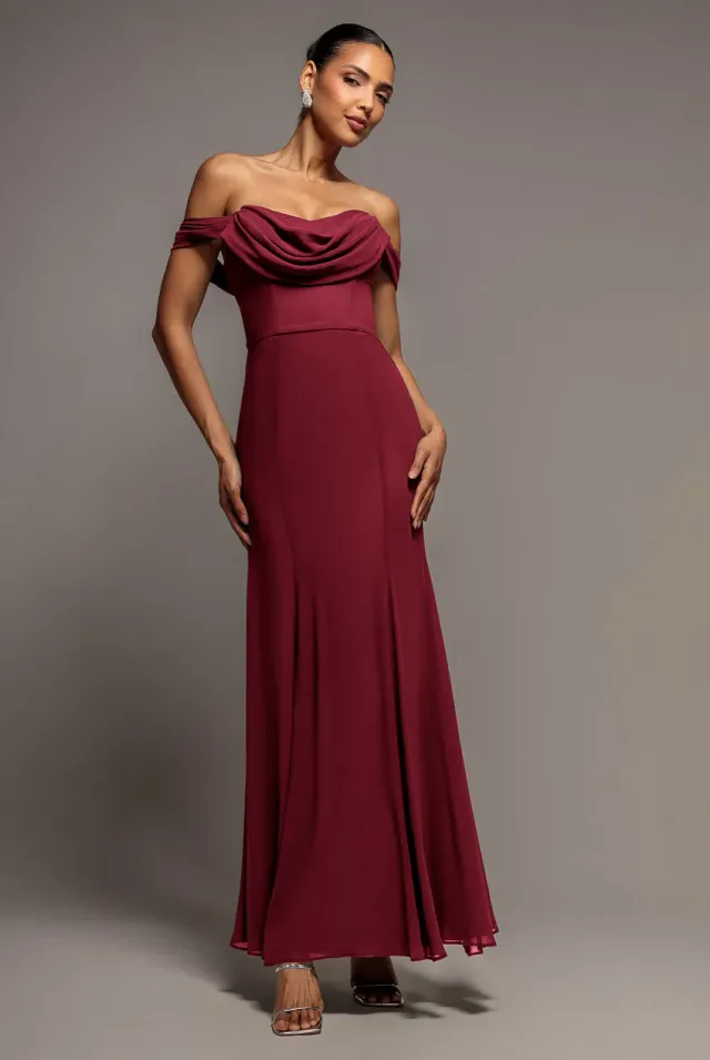 Goddiva Cowl Neck abito bordeaux chiffon bardot maxi cowl