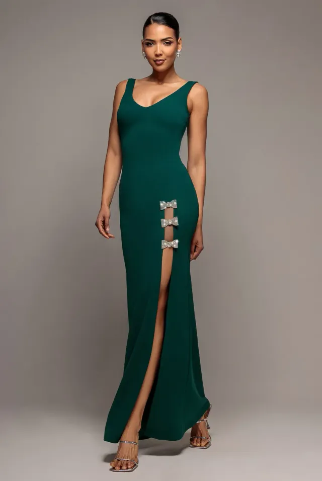 Goddiva Diamante Brooch Thigh Split abito maxi smeraldo spacco