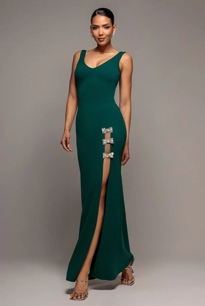 Goddiva Diamante Brooch Thigh Split abito maxi smeraldo spacco