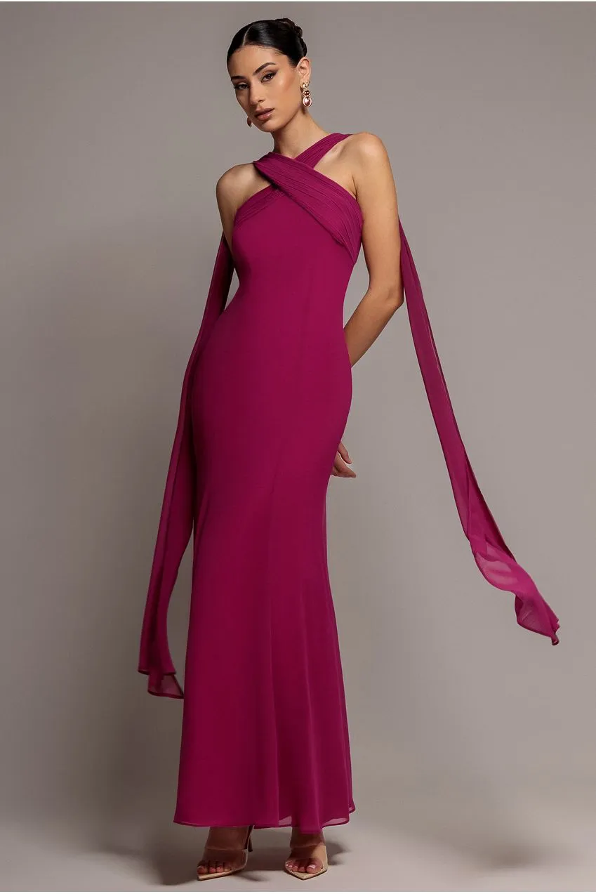 Goddiva Cross Front abito maxi magenta chiffon