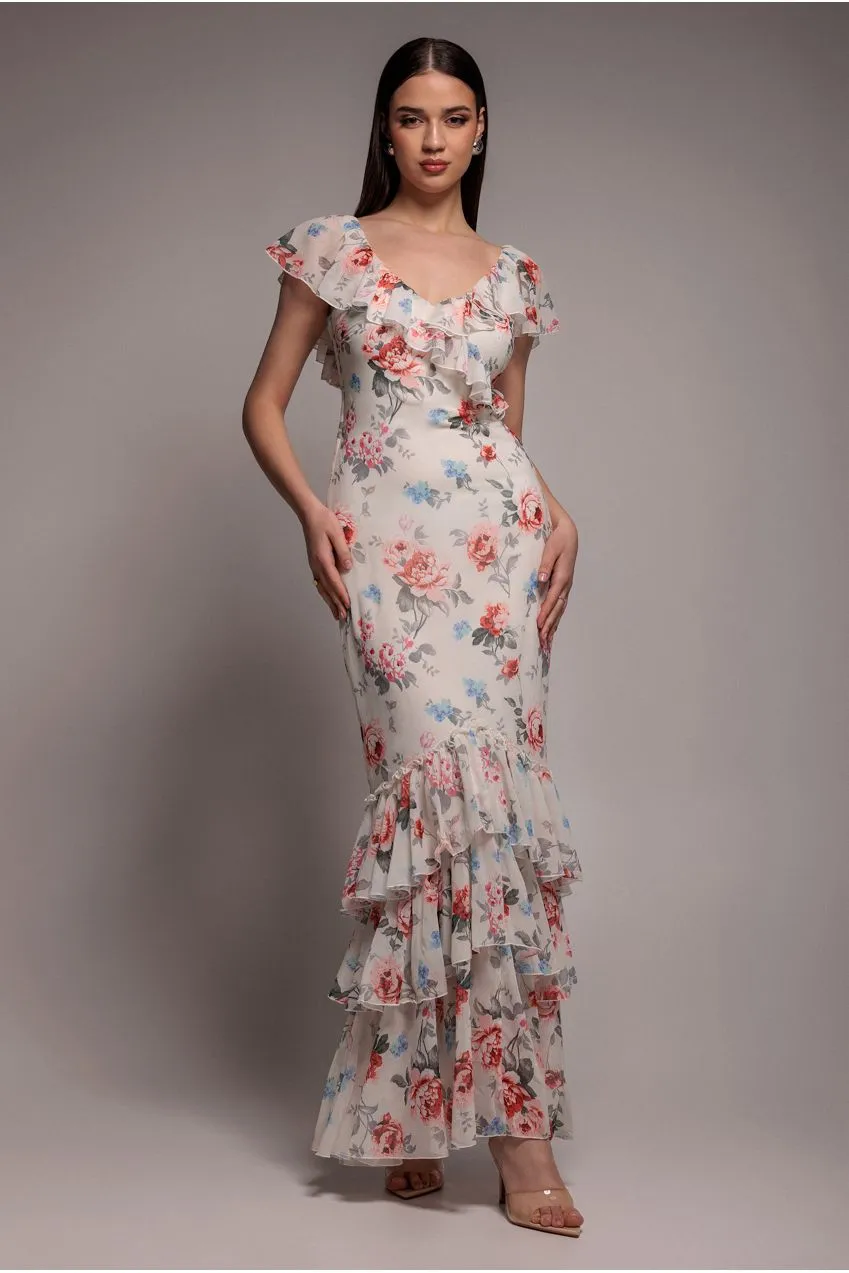 Goddiva DR3750 abito maxi chiffon crema floreale balze
