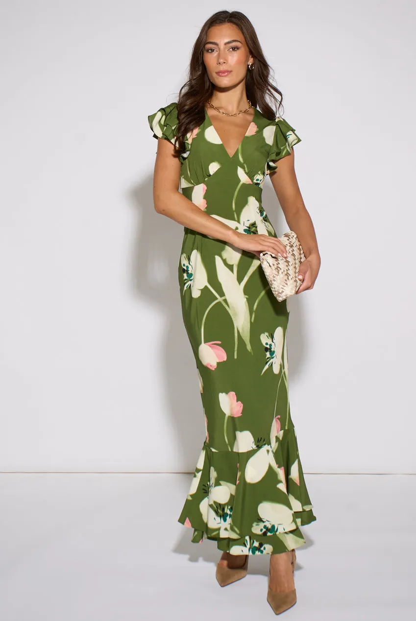 Gini London Green Floral Ruffle abito maxi verde