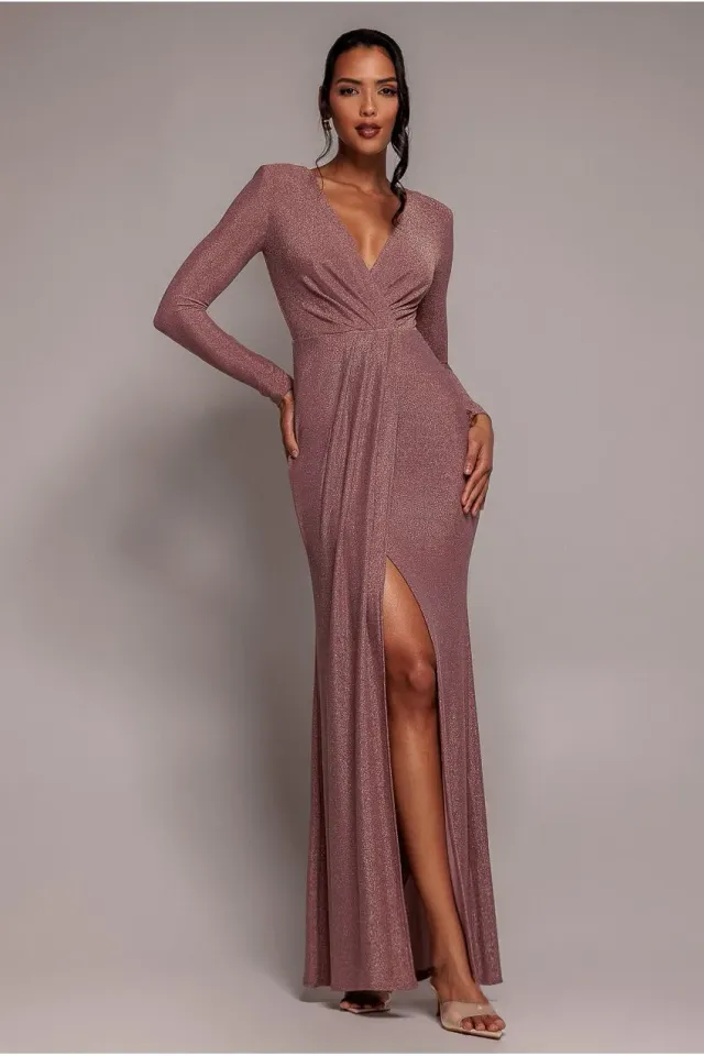 Goddiva Front Crossover Lurex Split Maxi abito rosa scollo V