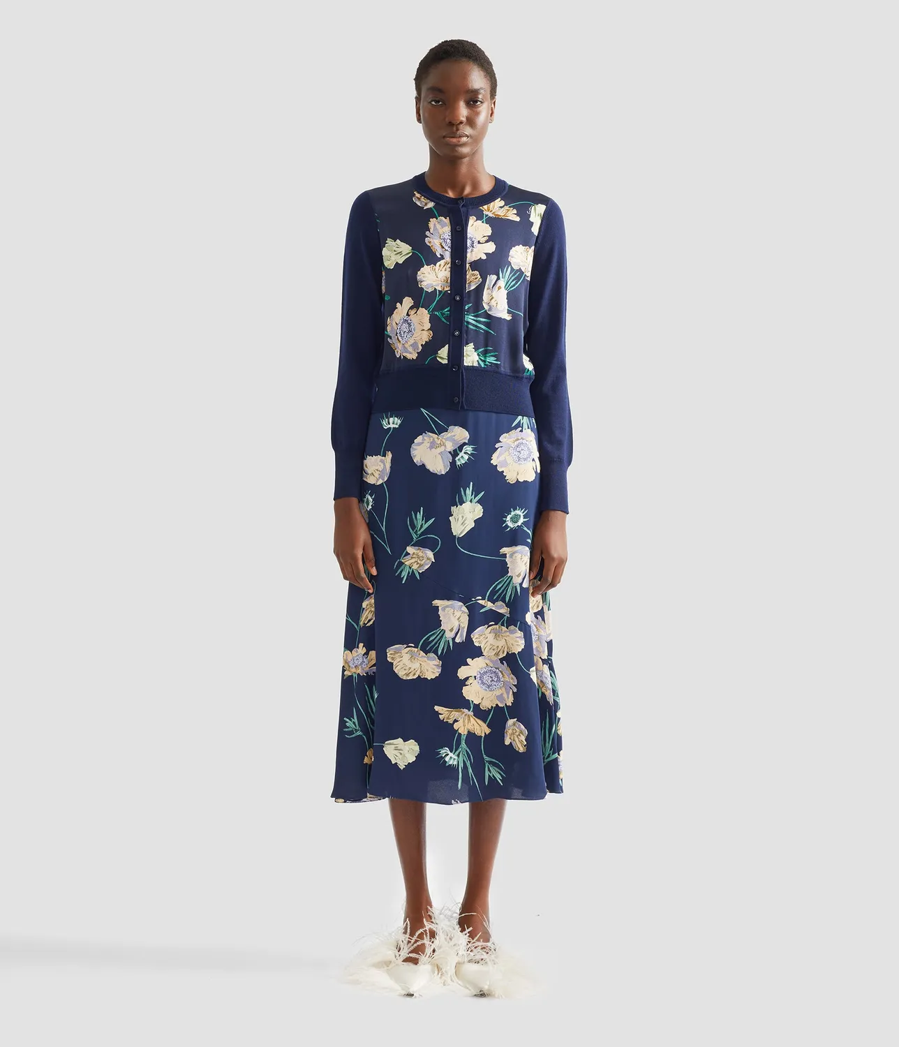 Erdem Gonna Midi Crepe Floreale Blu Papaveri