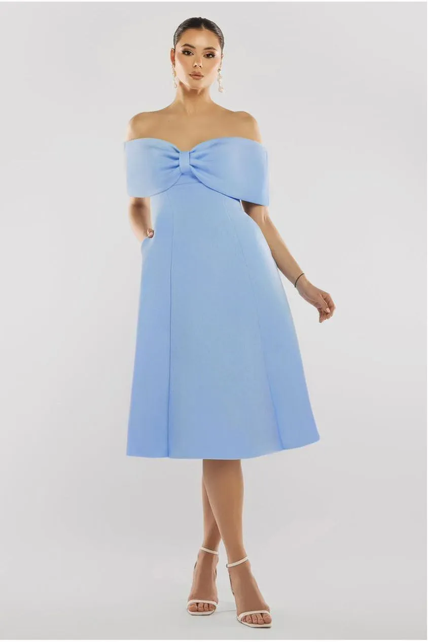 Goddiva Bow Midi Abito Azzurro Scollo Bardot Linea A