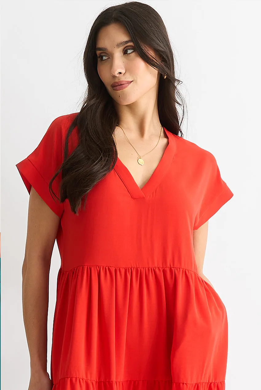 Gini London Smock abito midi rosso scollo a V tasche
