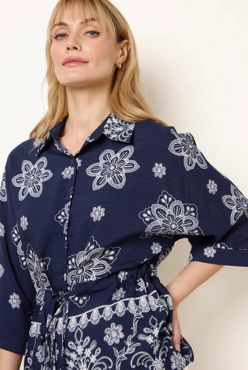 Blue Vanilla Floral 3/4 Sleeve Tie Waist Shirt camicia blu navy
