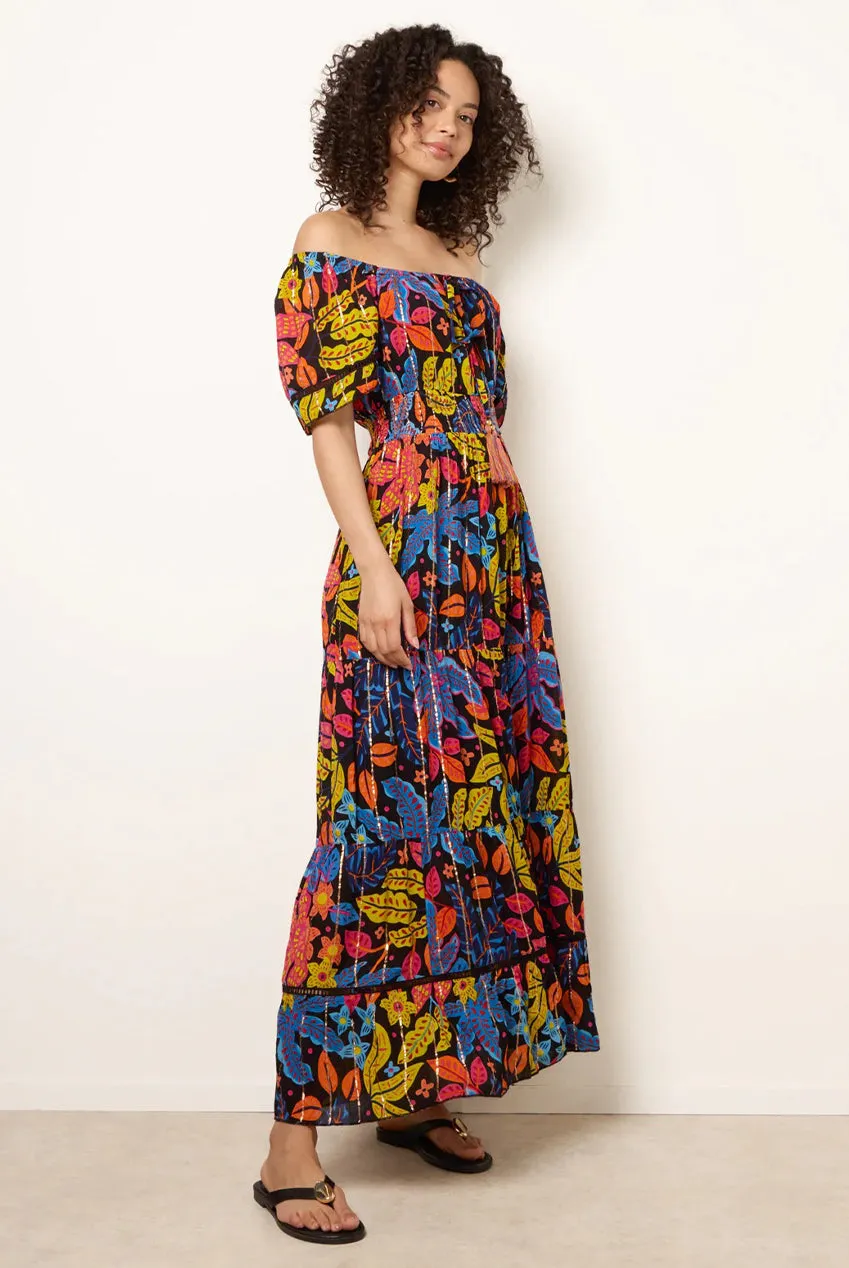 Blue Vanilla Bardot Tassel abito maxi nero stampato