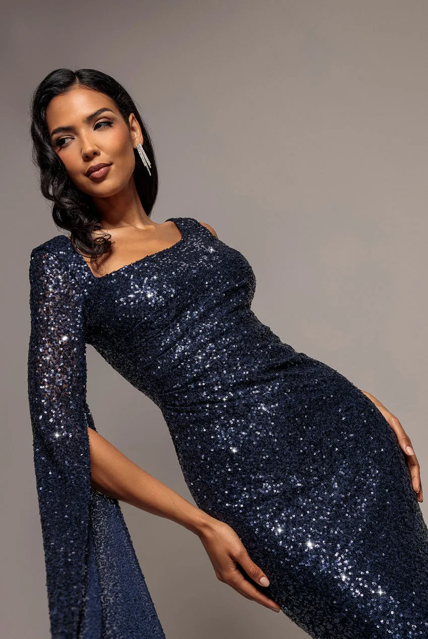 Goddiva Cape Sleeve Abito maxi navy paillettes sirena