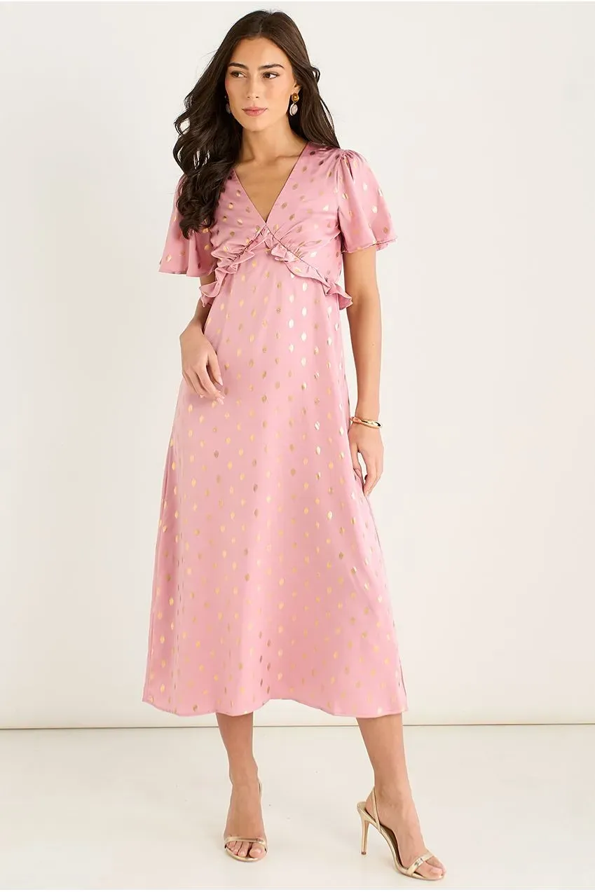 Gini London Blush Metallic Foil abito midi rosa cipria