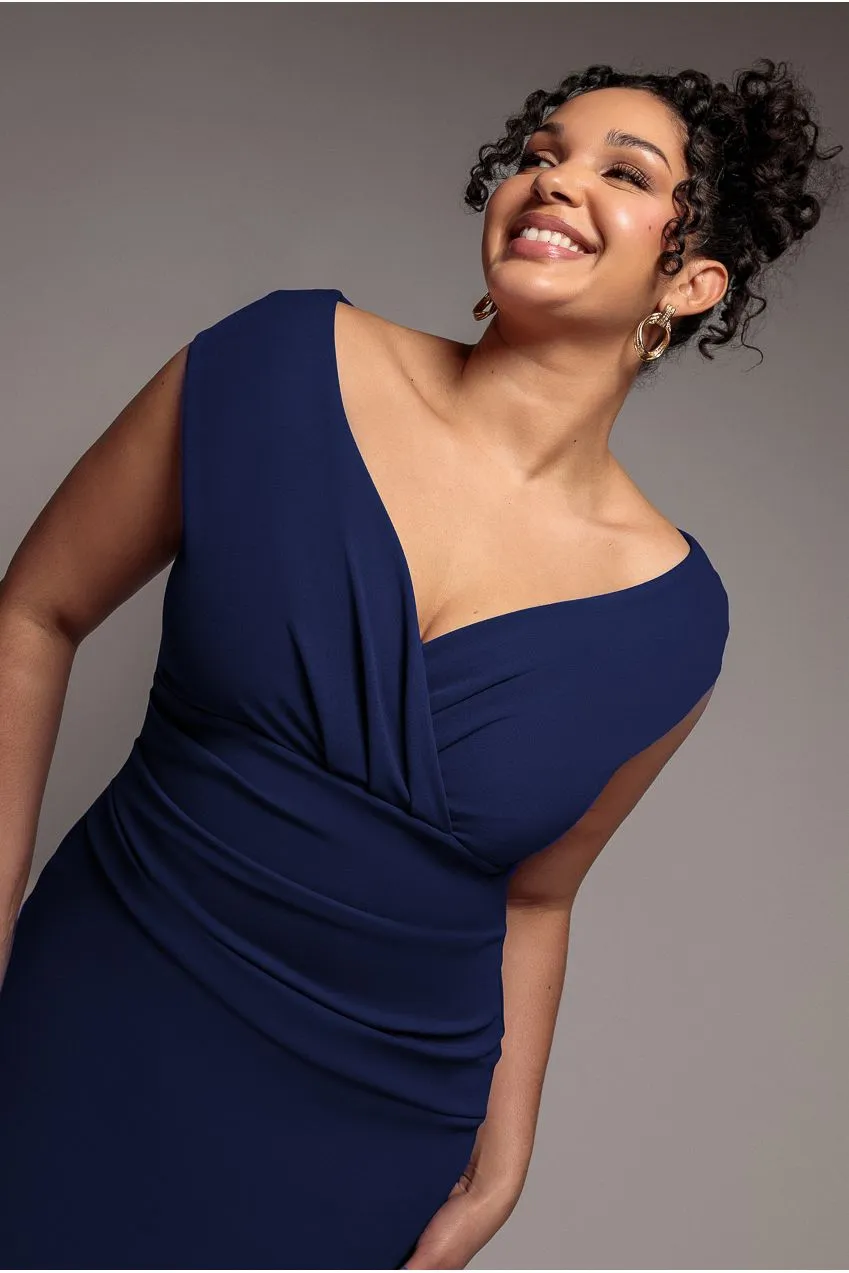 Goddiva Plus abito midi bardot scuba blu navy