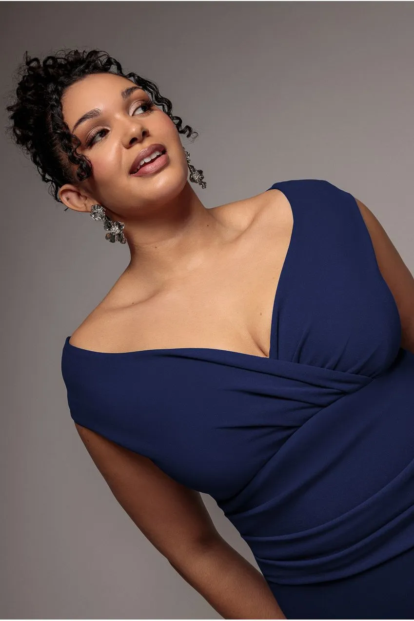 Goddiva Plus DR1092A abito midi bardot blu navy plissettato
