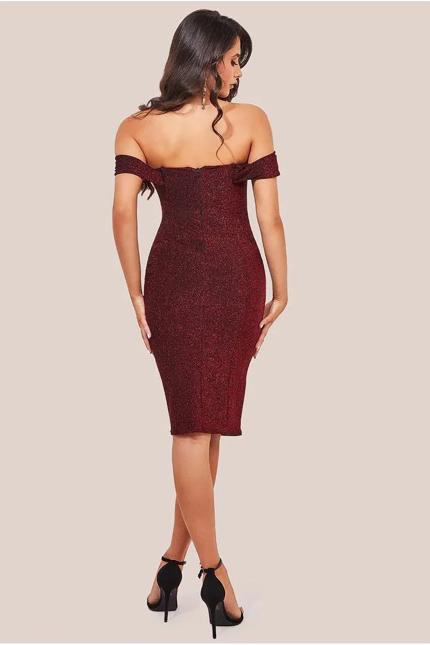 Goddiva Lurex Cowl abito midi rosso spalle scoperte 12