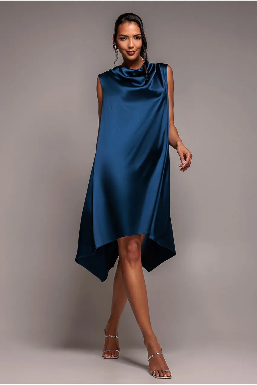 Goddiva Cowl Neck Back Wing abito midi raso blu navy