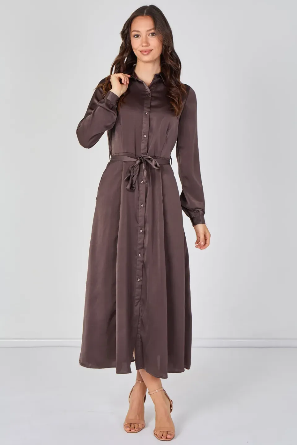 Love Sunshine abito camicia maxi mocha satin cintura