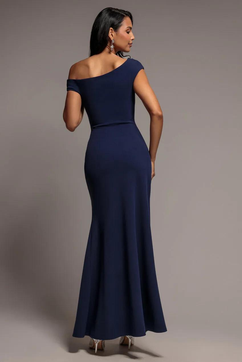 Goddiva One Shoulder Abito maxi navy blu scuba spacco