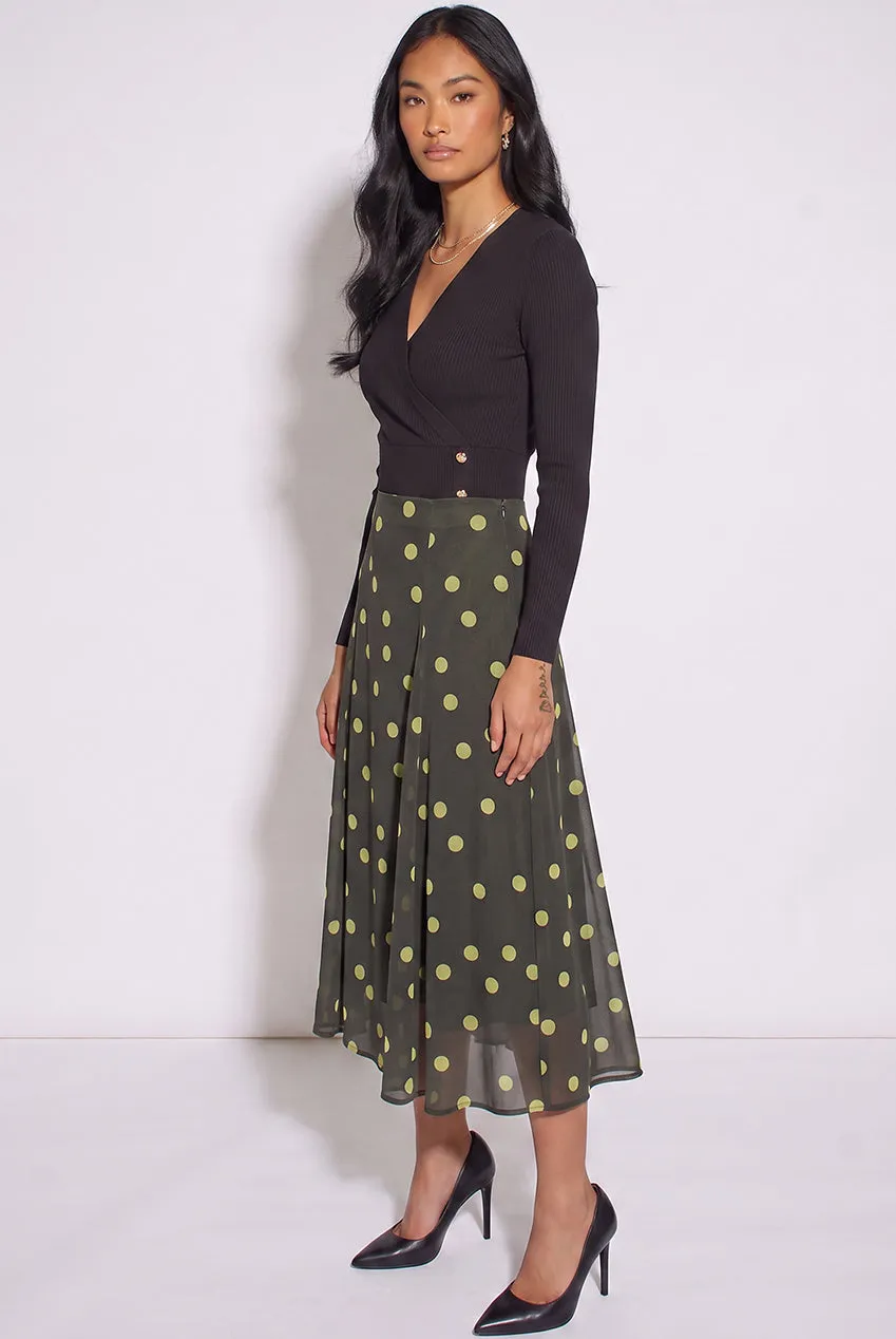 Gini London Gonna Midi Satin Verde Lime a Pois Godet Taglia 10