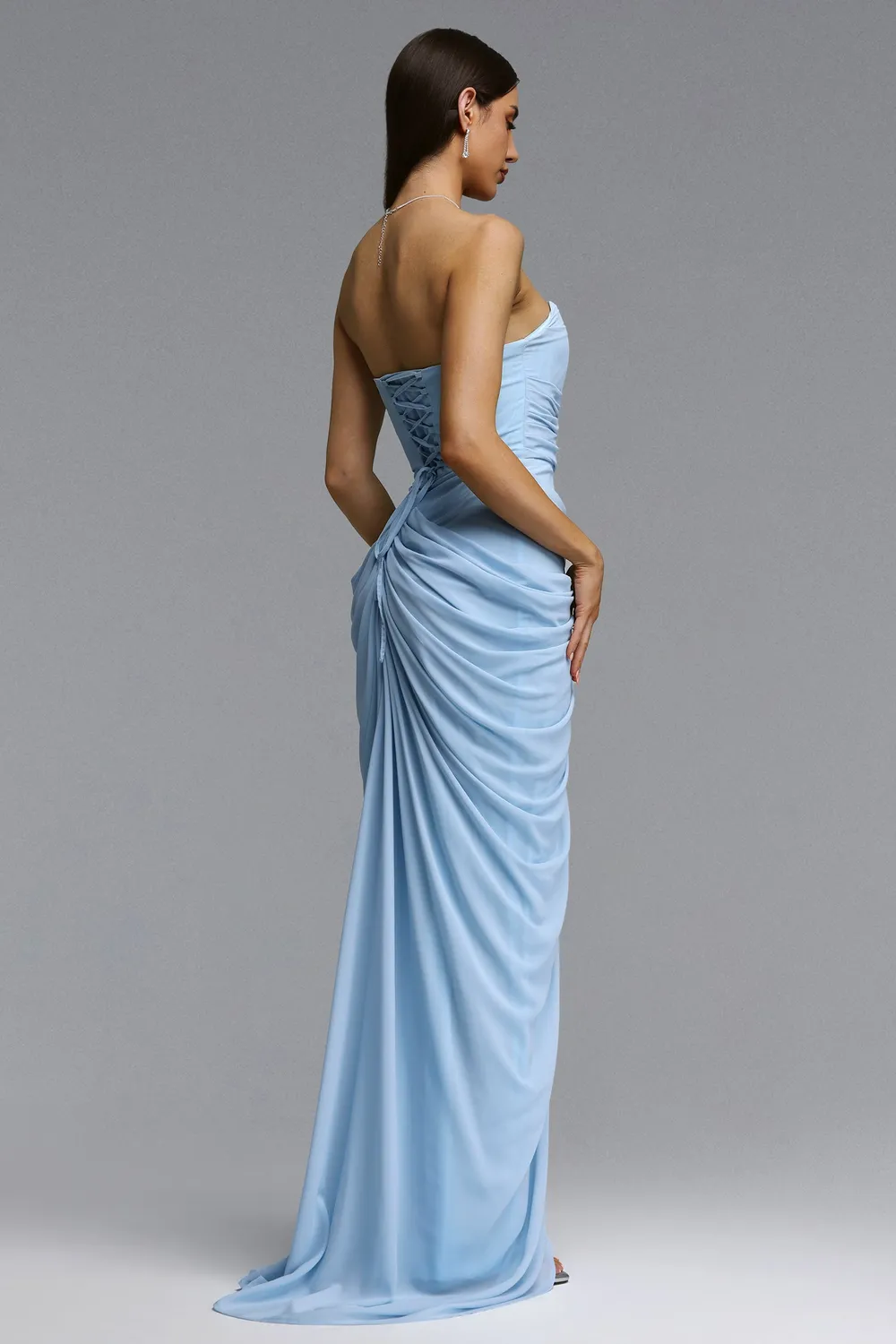 Bella Barnett Tazeda abito maxi azzurro S mesh senza spalline