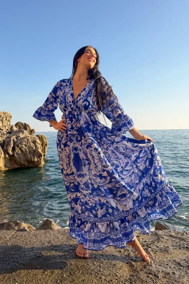 Antica Sartoria FV044 abito lungo scollo a V blu cotone