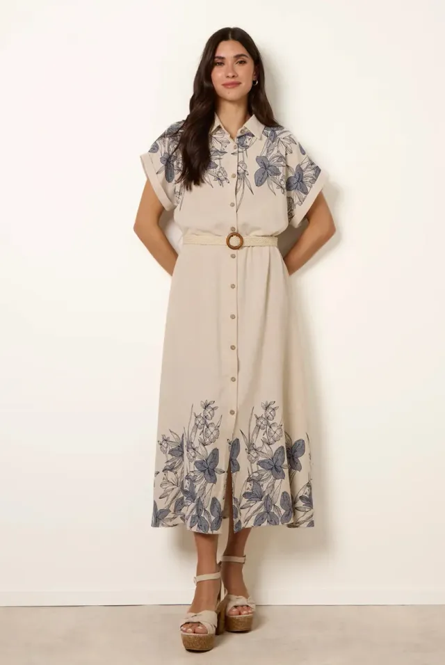 Blue Vanilla Linen Belted abito midi beige cintura lino