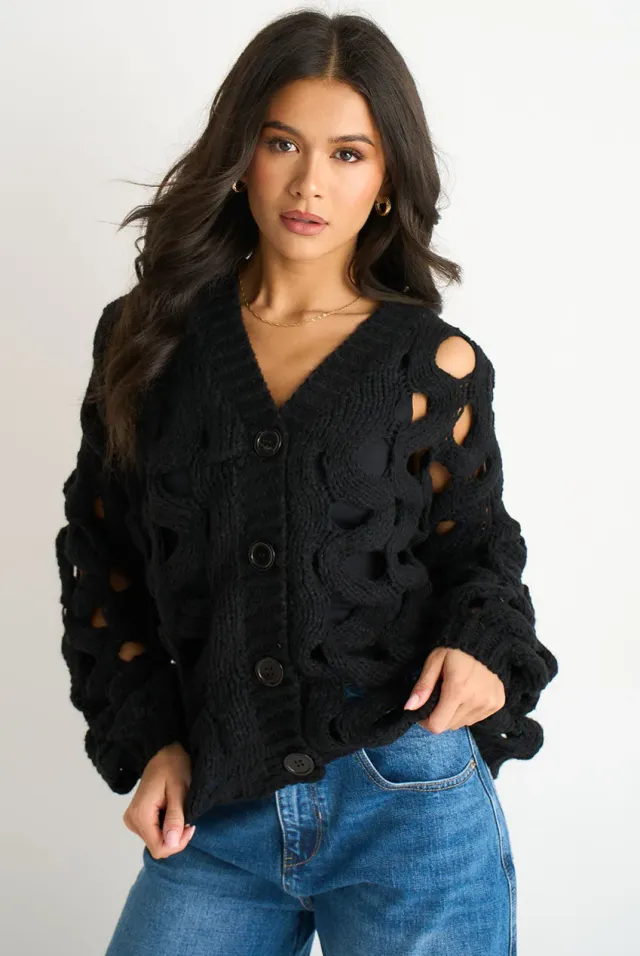 Gini London cardigan nero traforato chunky in maglia