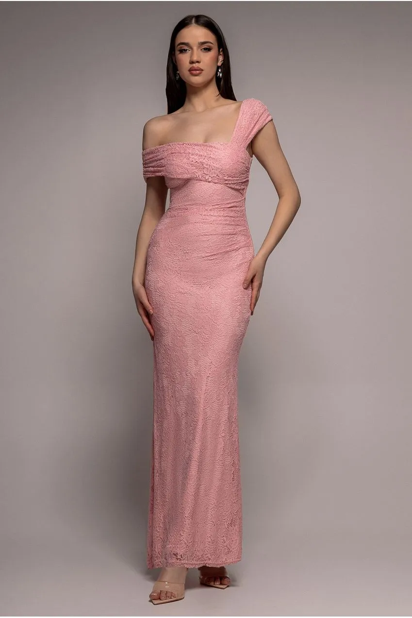 Goddiva abito maxi pizzo rosa monospalla bardot plissettato