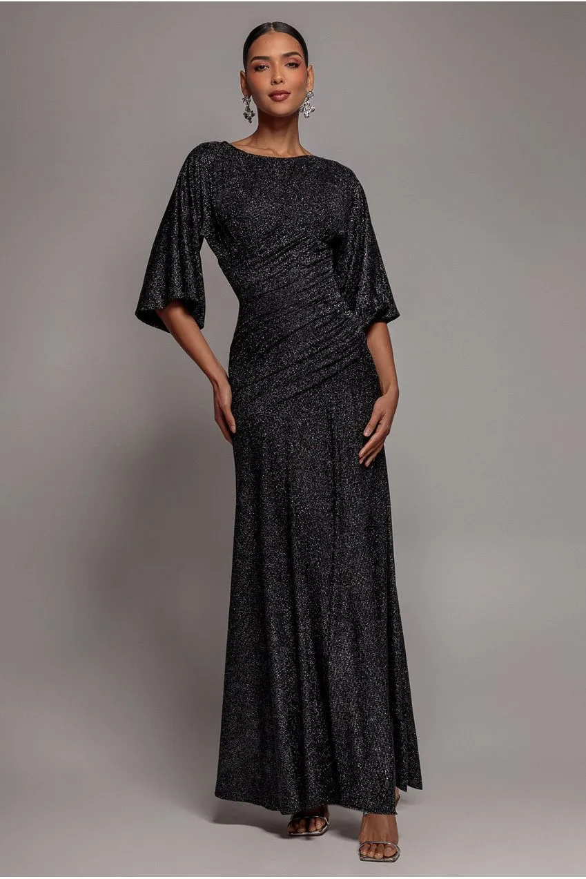 Goddiva Lurex Kimono Abito Maxi Nero Maniche Lanterna lurex
