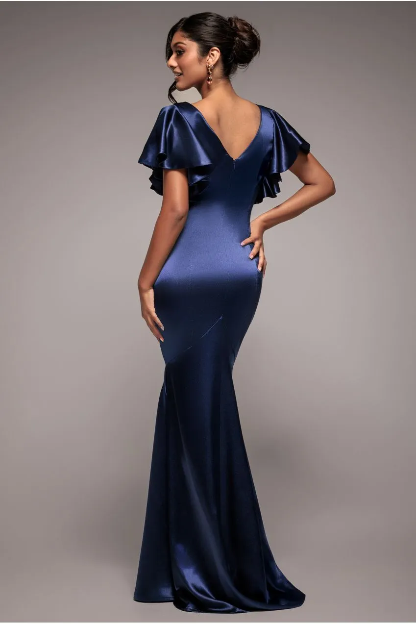 Goddiva Mermaid abito maxi raso navy maniche volant 8-18