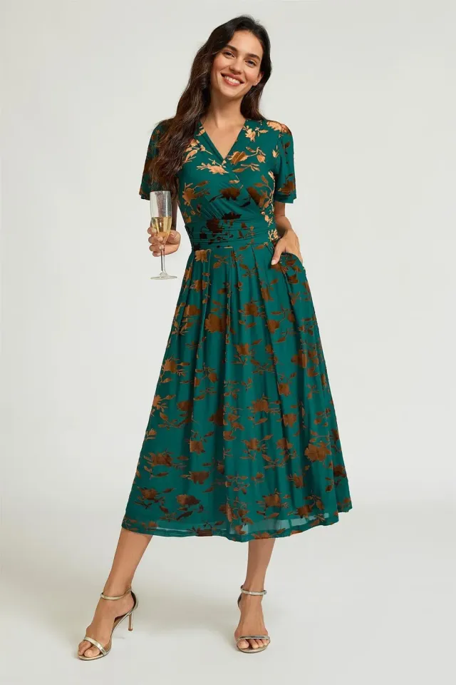 FS Collection Velvet Flock abito midi verde giada velluto