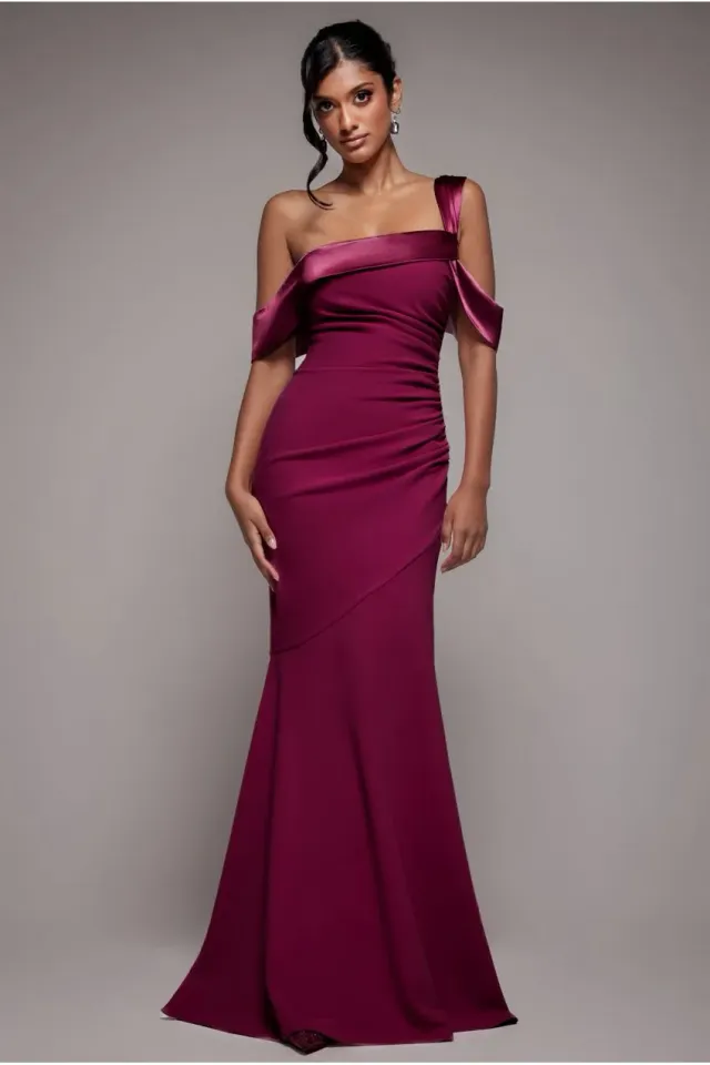 Goddiva One Shoulder Satin Band abito lungo bordeaux bodycon