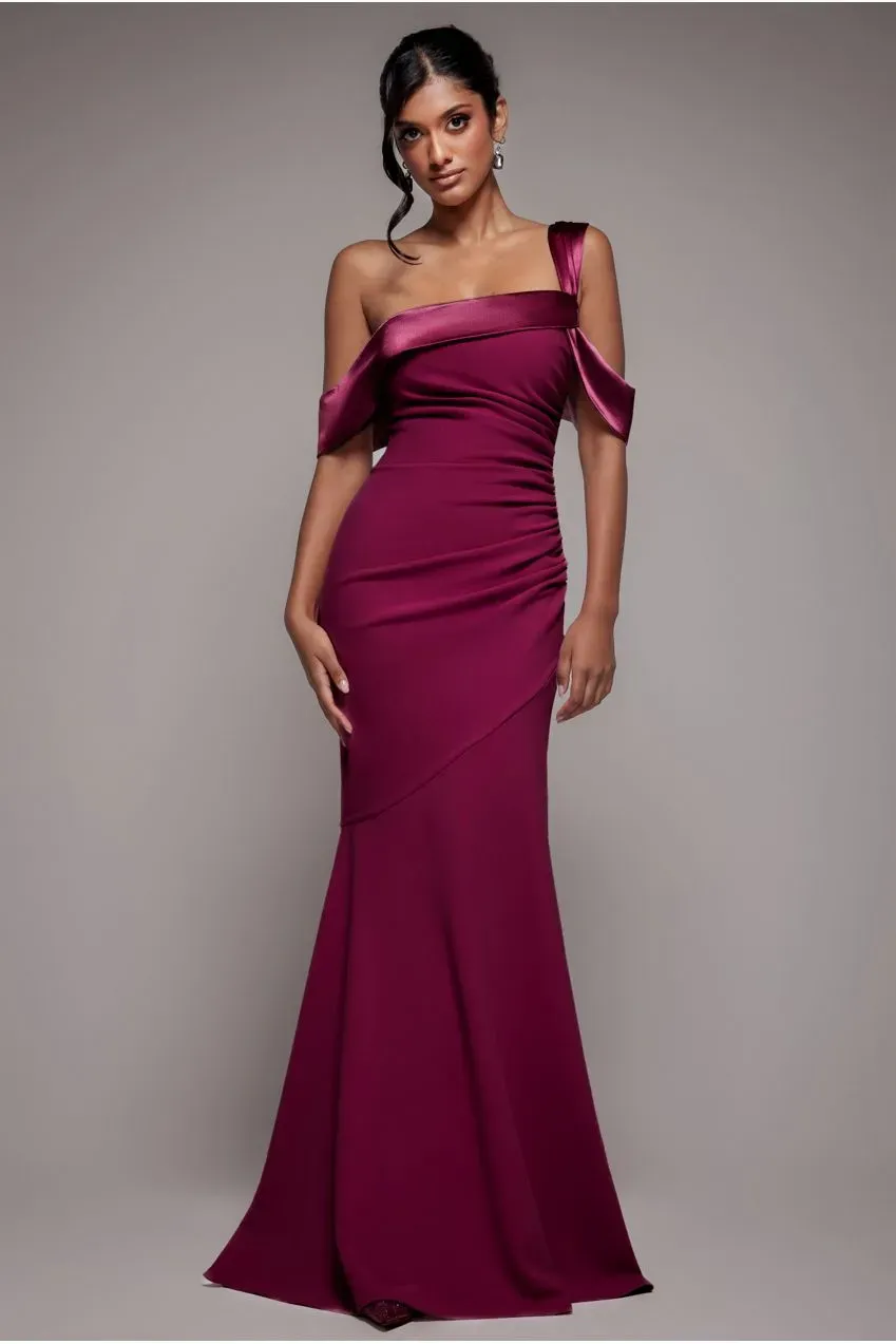 Goddiva One Shoulder Satin Band abito lungo bordeaux bodycon