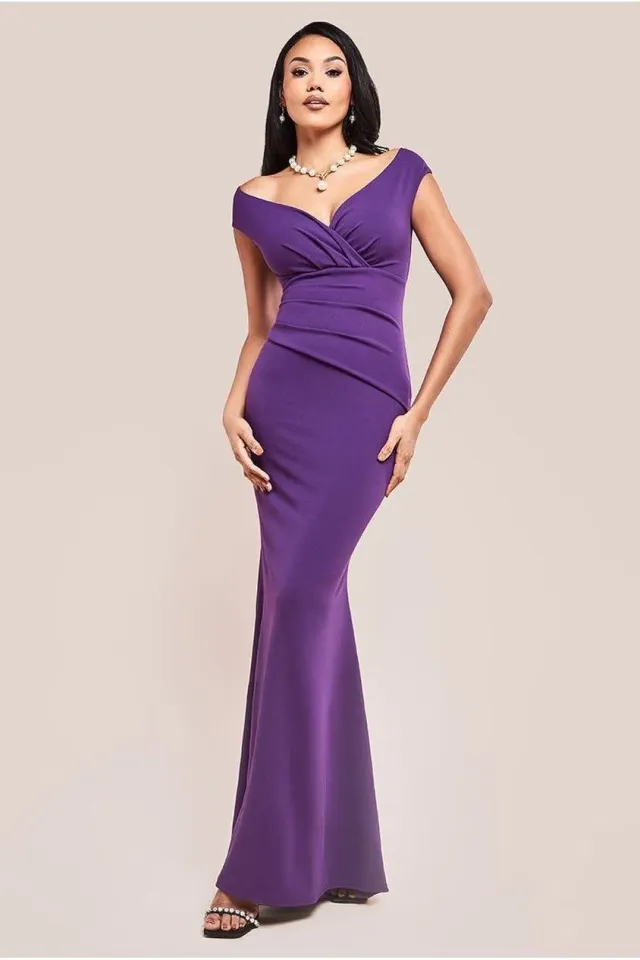 Goddiva DR1092 Bardot Abito Maxi Plissettato Viola
